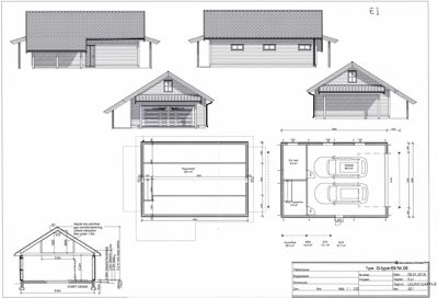 Bildet viser fasadetegninger (fronter) av en garasje, samt et snitt og et situasjonsplan for parkering.