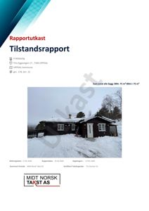 Fotografi av en mørk frittliggende hytte i snø, tatt fra et lavt vinkel. Bildet er en del av en takst- eller tilstandsrapport.