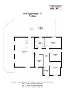 Plantegning av 1. etasje for Ytre Eggavegen 17, som viser romfordeling, arealer og utvendig terrasse.