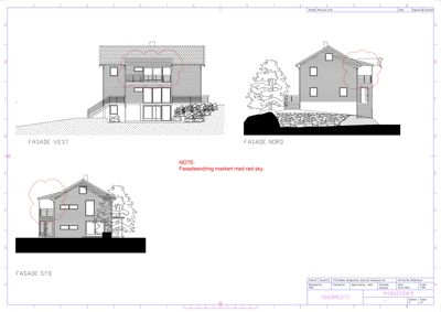 Fasadetegning som viser bygningens utseende fra tre sider (Vest, Nord og Syd) med tegnet markeringer for endringer.