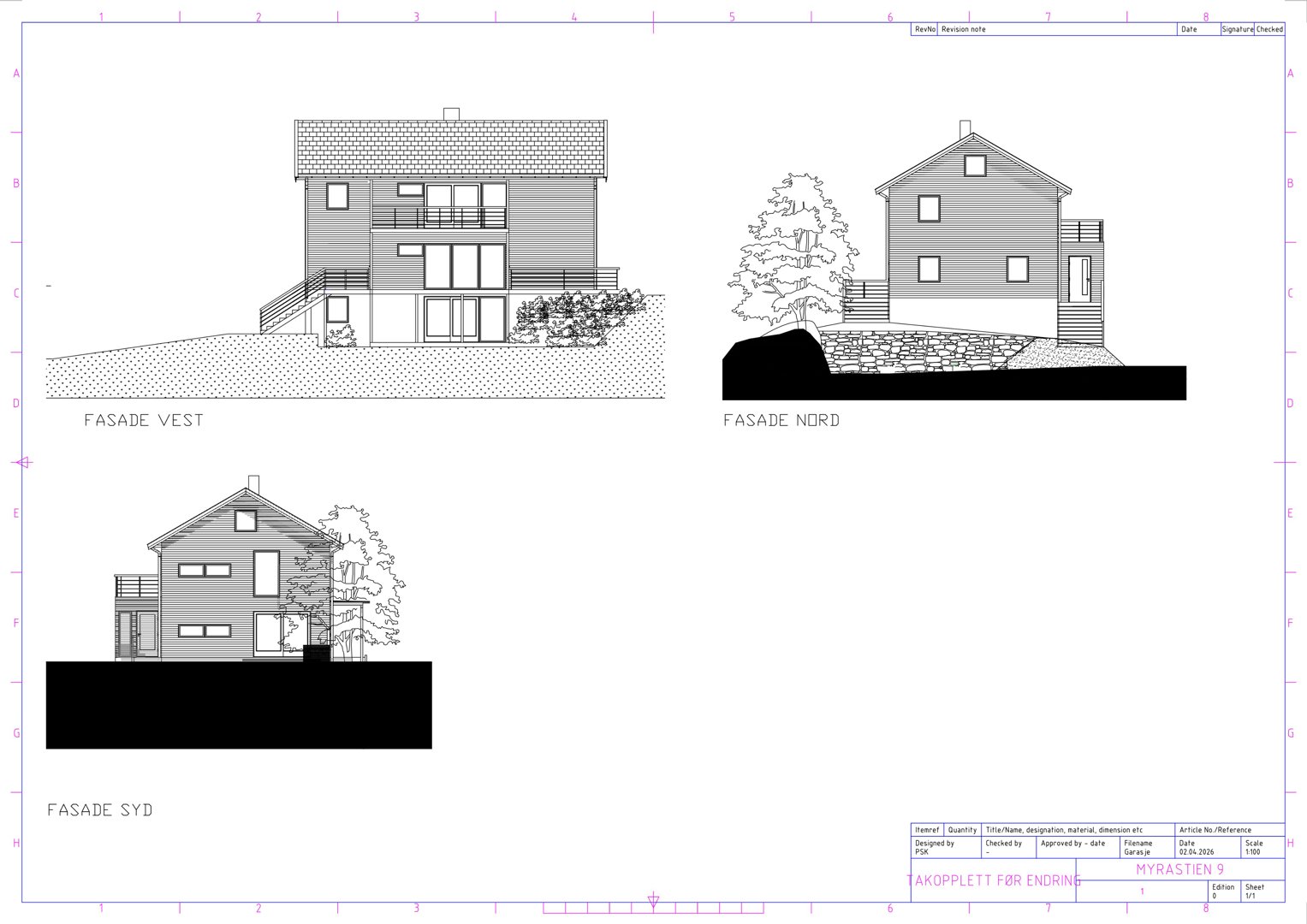 Fasadetegning som viser bygningens utseende fra tre ulike sider (Vest, Nord og Syd).