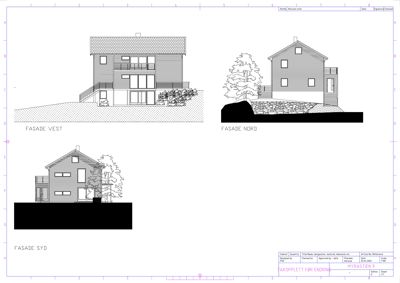 Fasadetegning som viser bygningens utseende fra tre ulike sider (Vest, Nord og Syd).