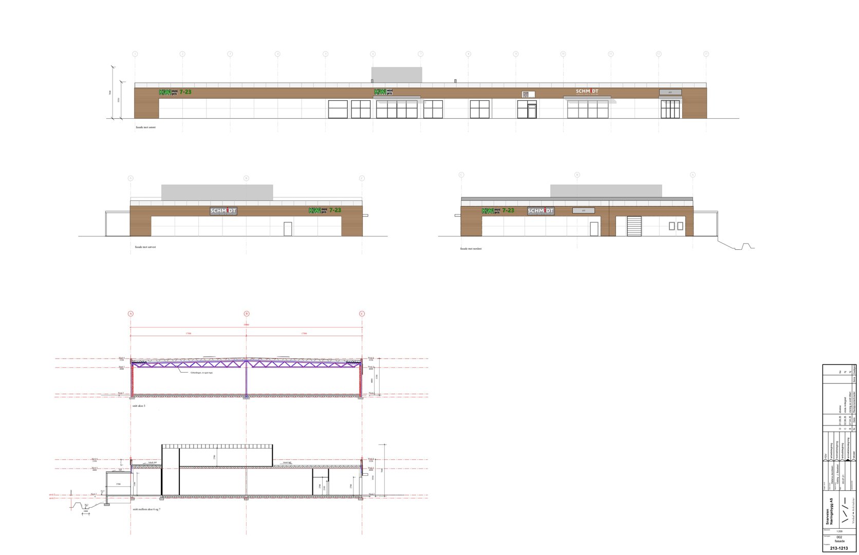 Fasadetegning som viser bygningens utseende fra flere vinkler (front, side og bak) samt snittegninger som viser konstruksjonen og takhøyden.