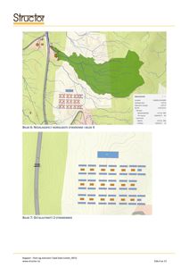 Bildet viser en situasjonsplan eller et kart over et område med topografi (konturlinjer), veier (med navn som 'GRUND' og 'Vedalsvegen'), og flere markerte områder (grønne, blå og oransje rektangler) som sannsynligvis representerer eiendeler eller bygninger. Det er også en tekstboks med statistikk om området (areal, natur, kunstig).