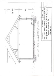 Snittegning av en nybygg garage med oppriss, mål og konstruksjonsdetaljer.