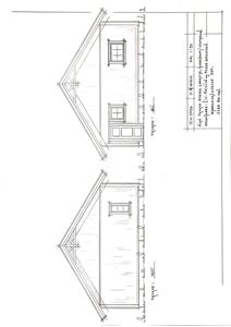 Fasadetegning som viser bygningens utseende fra vest og øst, inkludert vinduer, dører og takform.