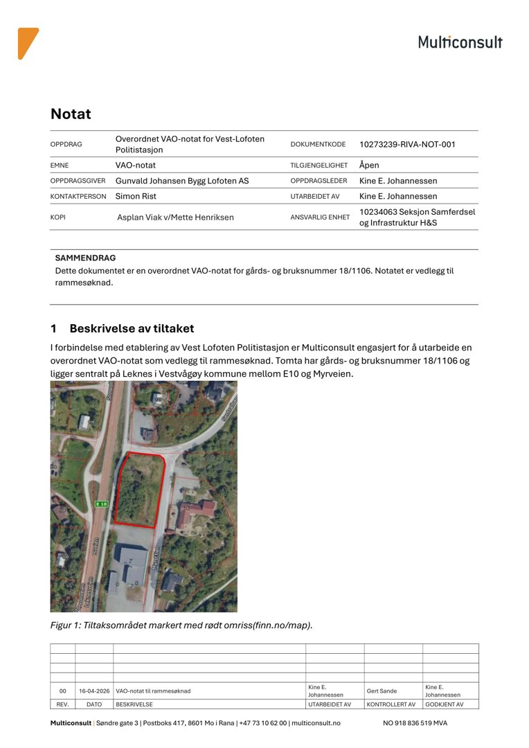 Flyfoto av et område i Leknes i Vestvågøy kommune, der et grønt område er markert med rød omriss. Bildet er brukt i et notat for å illustrere tiltaksområdet.