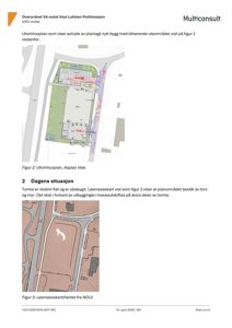Bildet viser en side fra et VA-notat som inneholder to kart. Figur 2 er en utomhusplan (situasjonsplan) som viser planlagt nytt bygg med tilhørende uteområder. Figur 3 er et løsmassekart som viser dagens situasjon på tomten, inkludert torv og myr.