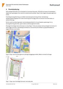 Bildet viser en situasjonskart eller GIS-kart som illustrerer flomlinjer og vannveier i et planlagt utbyggingsområde.