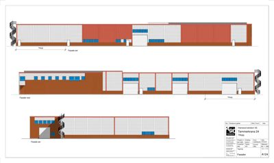 Fasadetegning som viser bygningens utseende fra tre ulike sider (vest, øst og sør) med fargeindikasjon for materialer.