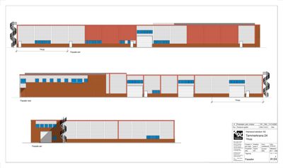 Fasadetegning som viser bygningens utseende fra tre ulike sider (vest, øst, sør) med detaljer om vinduer, dører og tak.