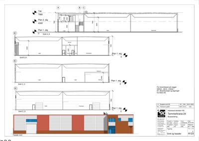 Bildet viser en serie med snittegninger (Snitt A-A, B-B, C-C, D-D) av en bygning, samt en fasadetegning nederst.