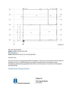 Snittegning som viser tverrsnittet av en bygning med mål og konstruksjonsdetaljer.