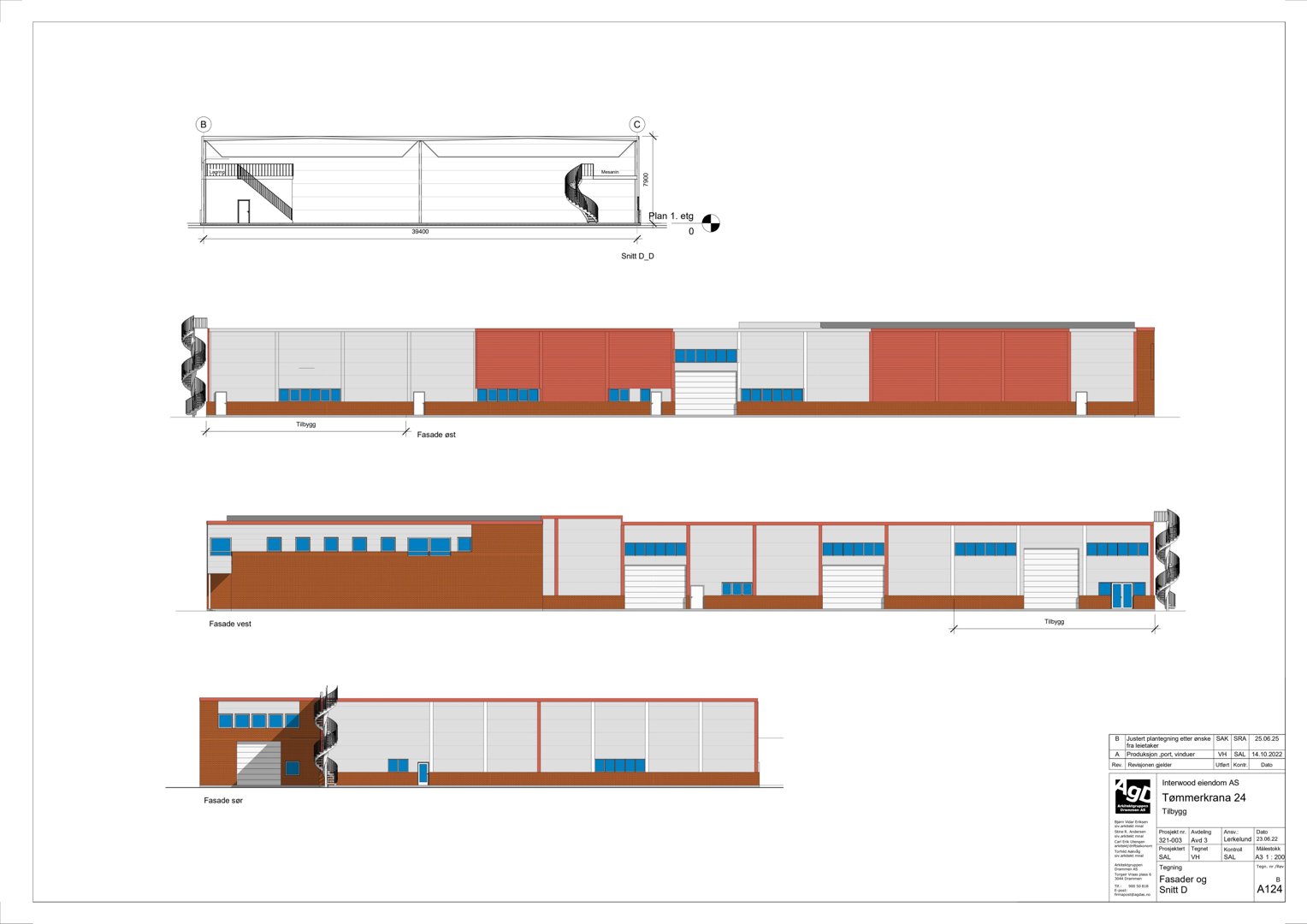 Fasadetegning som viser utsiden av bygningen med detaljer om vinduer, dører og trapper.
