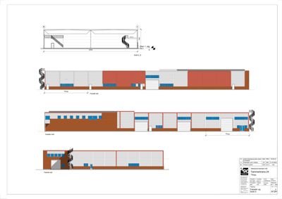 Fasadetegning som viser utsiden av bygningen med detaljer om vinduer, dører og trapper.