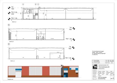 Bildet viser snittegninger (Snitt A_A, Snitt B_B, Snitt C_C) av en bygning, inkludert fasadevisning nederst.