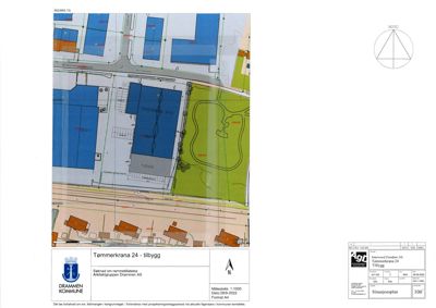 Situasjonsplan som viser tomtens plassering i forhold til nabolag, veier og eksisterende bygninger.