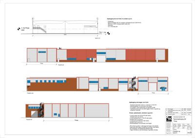 Fasadetegning som viser bygningens utseende fra flere vinkler (vest, øst, sør) med fargeoppsett og detaljer.