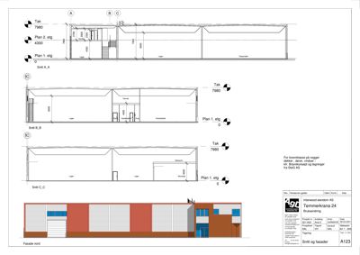 Bildet viser en fasadetekning (Fasade nord) med både et snitt (Snitt B_B) og en illustrasjon av fasaden sett fra norden.