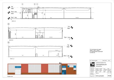 Bildet viser tre snittegninger (Snitt A-A, Snitt B-B, Snitt C-C) av en bygning, som viser romfordeling og høyder.