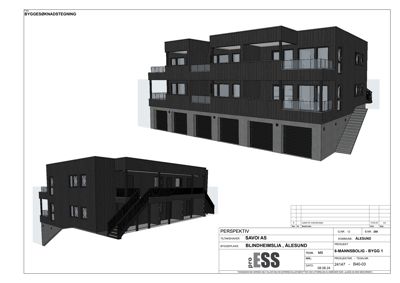 3D-visualisering (perspektivtegning) av en planlagt 6-mannsbolig i Ålesund.