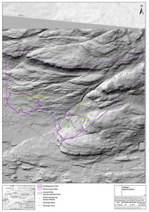 Situasjonsplan (Reguleringskart) som viser terrengform, bebyggelse og geologi med overlagte planområder.