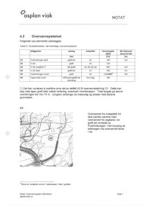 En situasjonsplan eller kart som viser ruten for overvannsledning (O1) i forhold til veier (A2, A9) og felt (A3, A4).