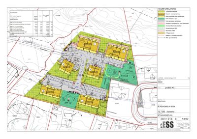 Situasjonsplan som viser tomtens form, grenser, nabolag og plassering av bygninger med fargekodet arealbruk.