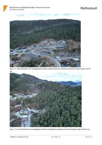 To luftfotografier (dronebilder) som viser et skredfareområde med boliger og skog.