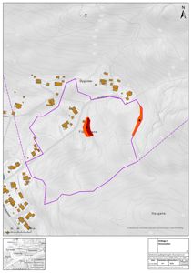 Situasjonsplan som viser tomtens beliggenhet i forhold til nabolag, høydeforhold (konturer) og eiendomsgranser.