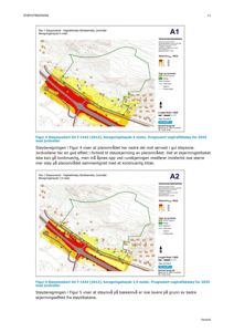 Støysonetekart som viser beregnede støyverdier (Lden) i et planområde, med overlagte vegtrafikkstøy for 2035.