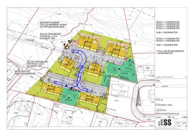 Situasjonsplan som viser plassering av bygninger, veier, snuplass og felles oppsamling på et tomt.
