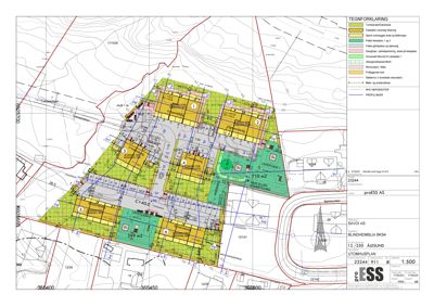 Situasjonsplan som viser tomtens grenser, topografi (konturlinjer), eksisterende og planlagt bebyggelse, veier, parkeringsplasser og arealbruk.