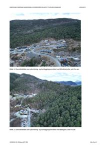To luftfotografier (oversiktsbilder) av et boligfelt i en fjellområde, med tekster som beskriver bildene.