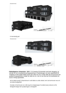 3D-visualiseringer (renderinger) av en planlagt bygning sett fra flere vinkler, inkludert etasjeplaner og fasadeutsnitt.