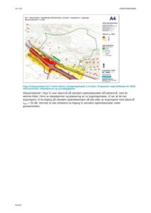 Et støysoneskart som viser beregnet støyfordeling (Lden) for vegtrafikk i et område med eksisterende og planlagte bygninger.
