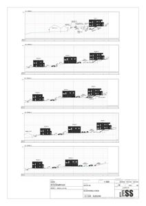 Snittegning (profil) som viser bygningenes høyde, form og plassering i terrenget.