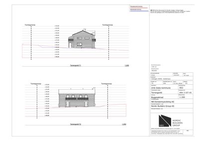 Snittegning (terrensnitt) som viser bygningens høydeprofil i forhold til terrenget.
