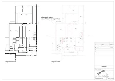Etasjeplaner (Gardenøbe Eksisterende og Gardenøbe Riveplan) som viser romfordeling og vegger.