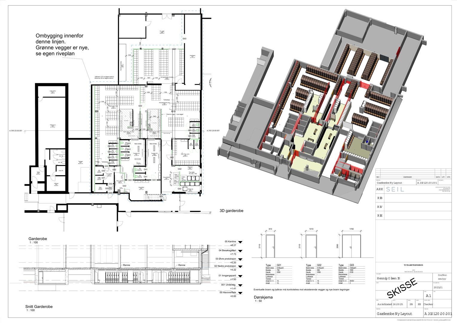 Bildet viser en kombinasjon av etasjeplaner (2D) og en 3D-visualisering (rendering) av en garderobe. Det inkluderer også snittegninger og tekniske detaljer for møblering.