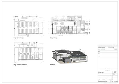 Bildet viser en samling tegninger for et bygg (Brakkerigg), inkludert etasjeplaner (Under etg., Nedre produksjon), et snitt (Snitt brakkerigg) og en fasadevisning. Det er også en tegningsliste i nederste høyre hjørne.