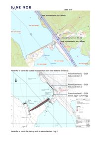 Bildet viser et situasjonskart (topografisk kart) med konturlinjer, vannmasser og infrastruktur (bane). Det inneholder også en teknisk tegning av en damkonstruksjon med snitt og plan, samt en 3D-visualisering av dammen.