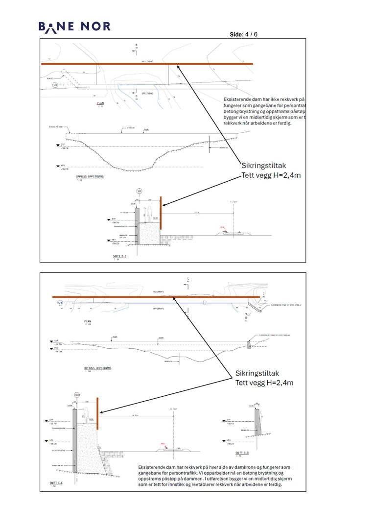 Snittegning som viser tverrsnitt av en eksisterende dam med sikringstiltak (tett vegg) og nøyaktige høyder.