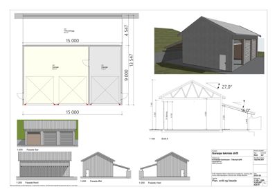 Bildet viser en teknisk tegning som inkluderer fasadeoppriks (Fasade Nord, Sør, Øst, Vest) og et snitt (Snitt A) av en garasje.