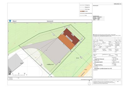 Situasjonsplan som viser tomtens grenser, bygningens plassering, arealer og topografi.