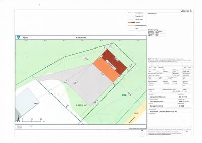Situasjonsplan som viser tomtens grenser, bygningens plassering (Lagerbygg), arealoppdelinger og tilstøtende eiendommer.