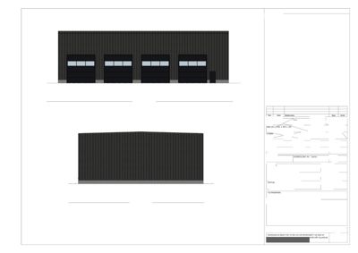 Fasade tegning som viser bygningens utseende sett fra vest og sør.