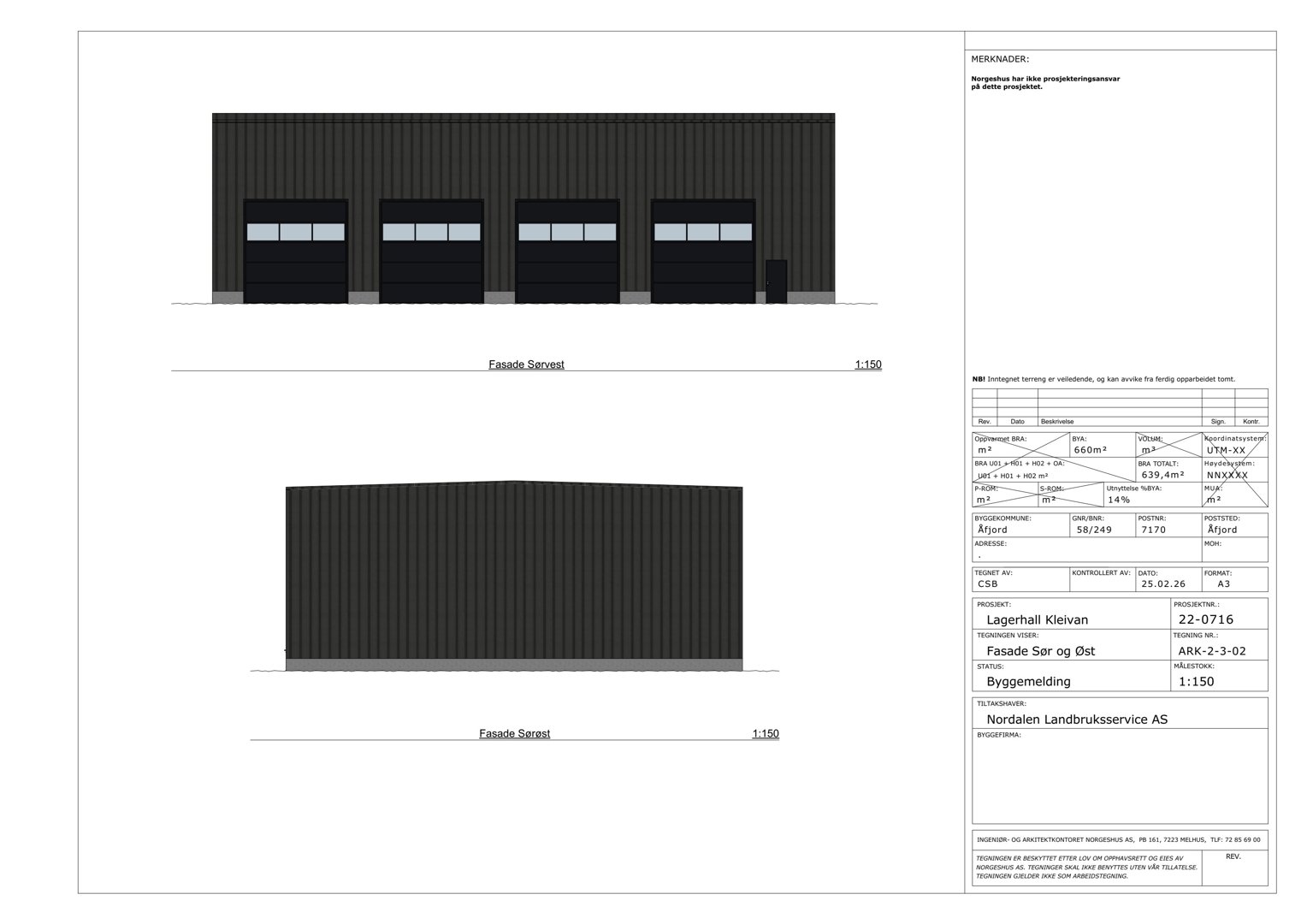 Fasade tegning som viser bygningens utseende sett fra vest og sør.