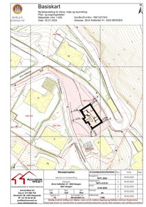 Situasjonsplan som viser bygningens plassering i forhold til tomme, naboeiendommer og topografi.