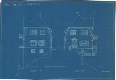 Fasadetegning (opprikk) av en villa sett fra to ulike vinkler (SØ og NV).